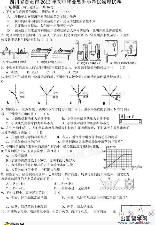 2013自贡中考物理试题（含答案）