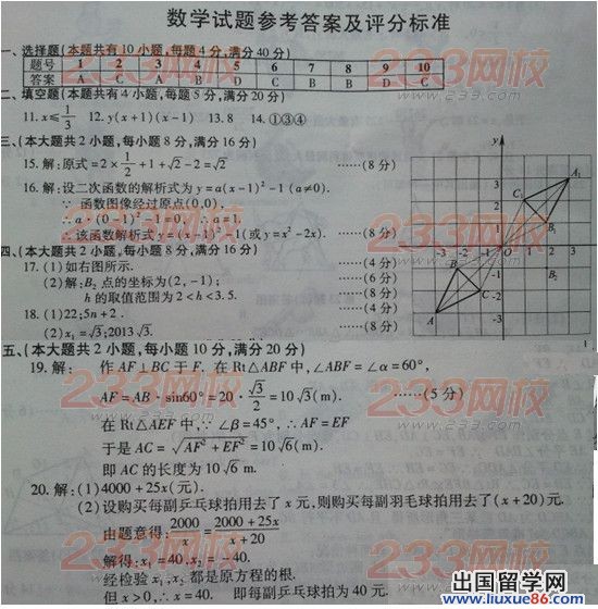 2013安徽中考数学试题及答案