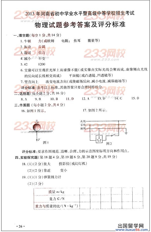 2013河南中考物理试题及答案