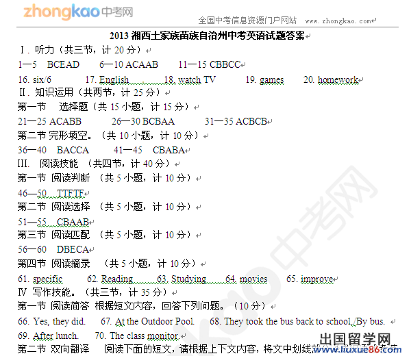 2013湘西土家族苗族自治州中考英语试题答案