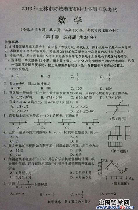 广西玉林防城港2013年中考数学试题（图片版）