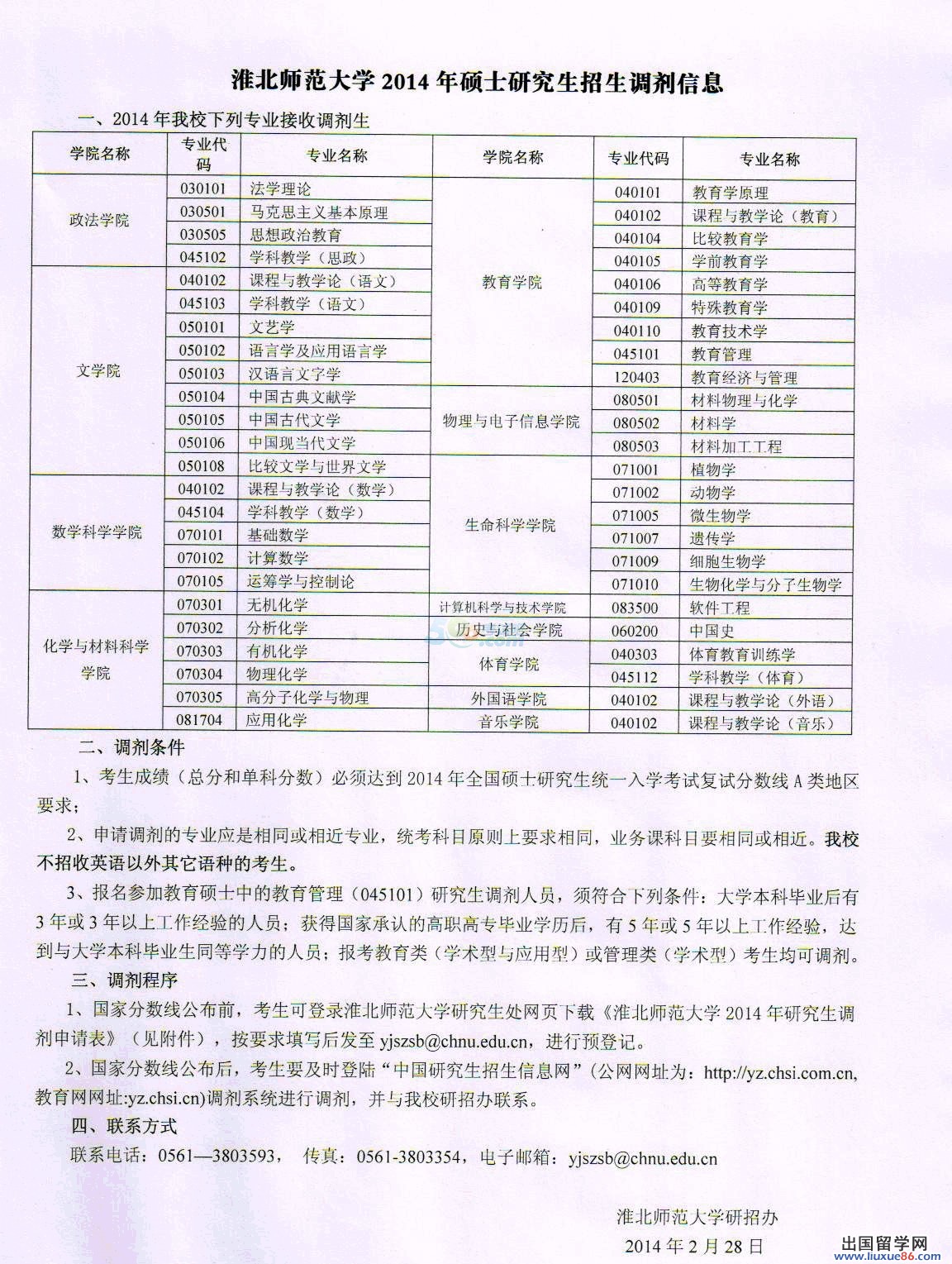 淮北师范大学2014年考研调剂信息发布