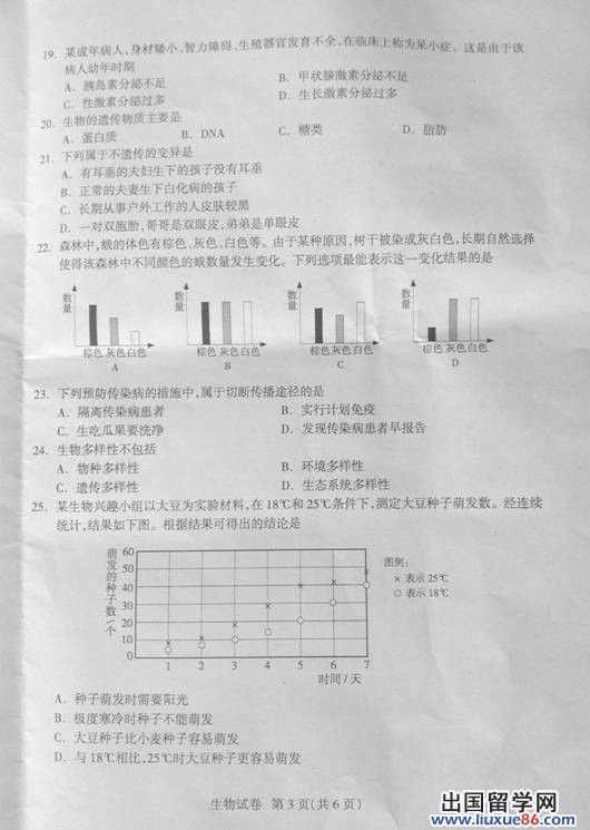 2012年南通中考生物试题及答案