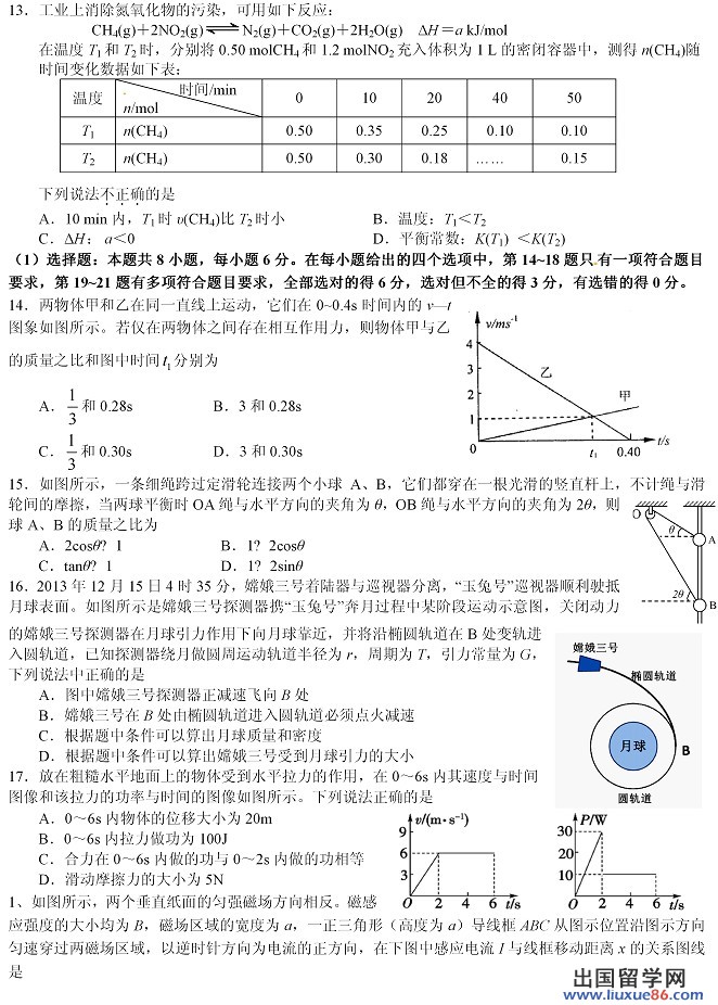 2014年全国高考一模理综试题及答案（新课标1卷）