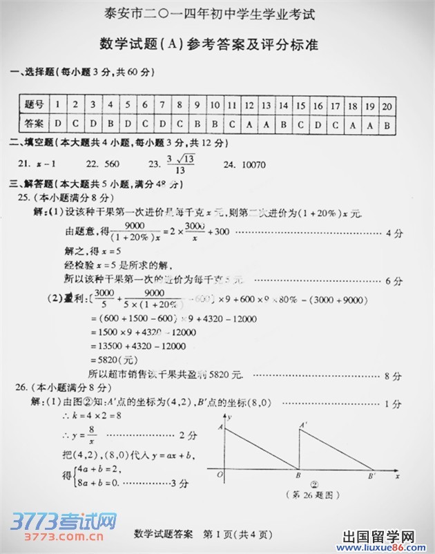 2014泰安中考试题答案 泰安市2014年初中学生学业考试数学试题