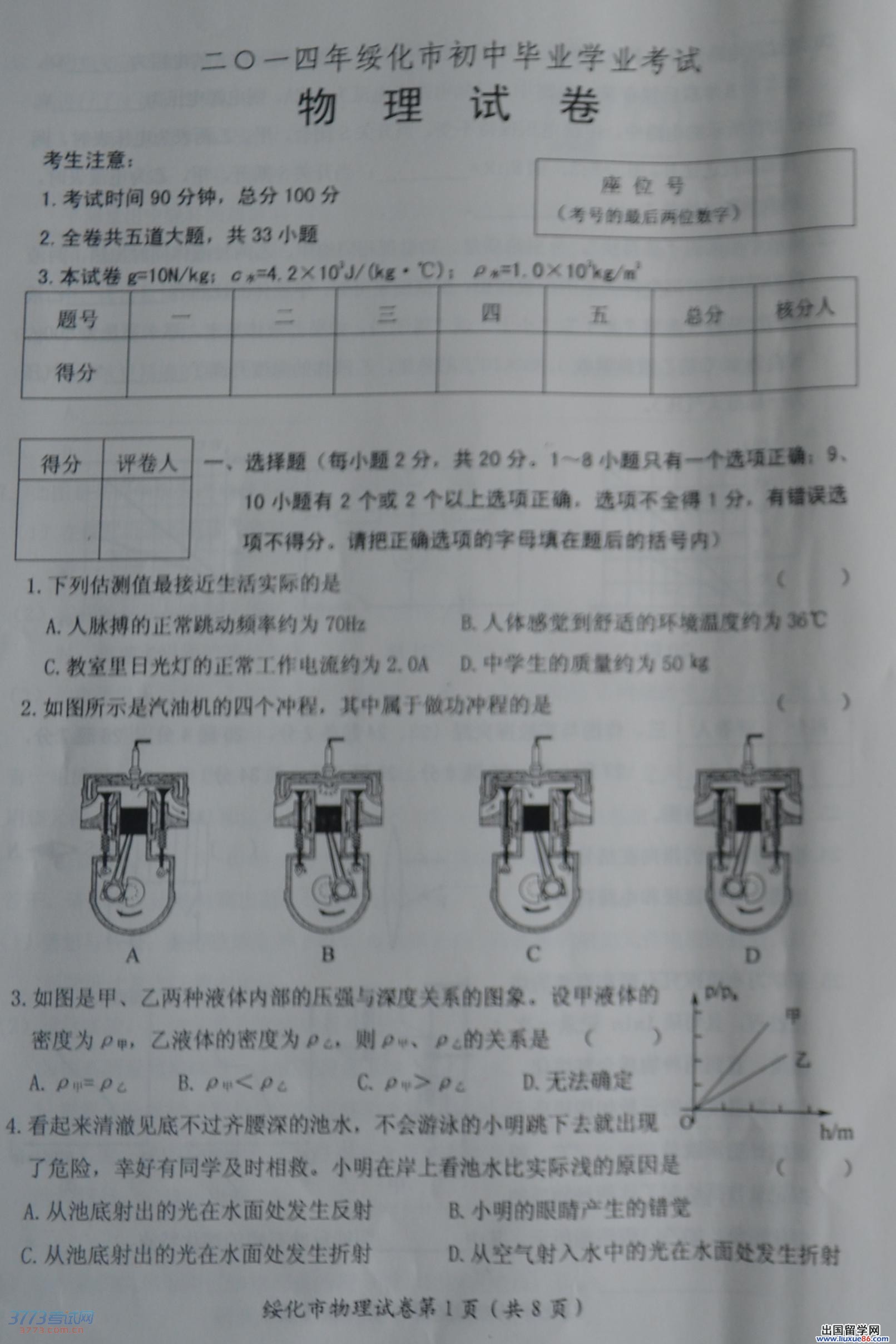 绥化市2014年中考物理试题（图片版）