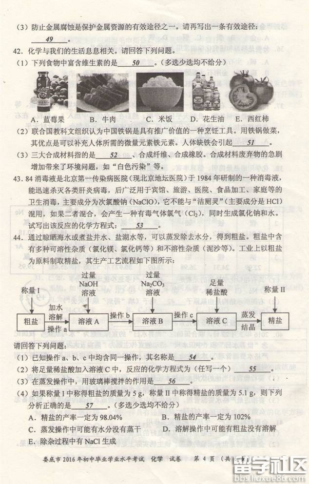 2016年湖南娄底中考化学试卷及答案