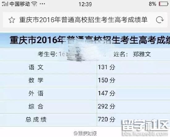重庆高考理科状元郑雅文各科成绩详情