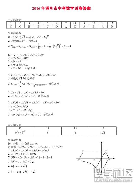 2016广东深圳中考数学答案