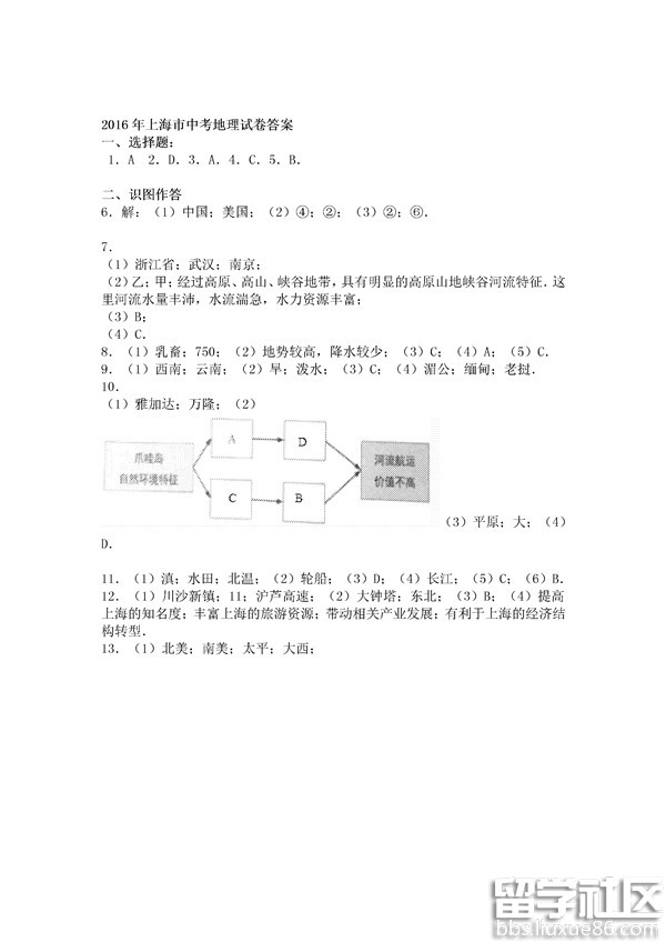 2016上海中考地理答案