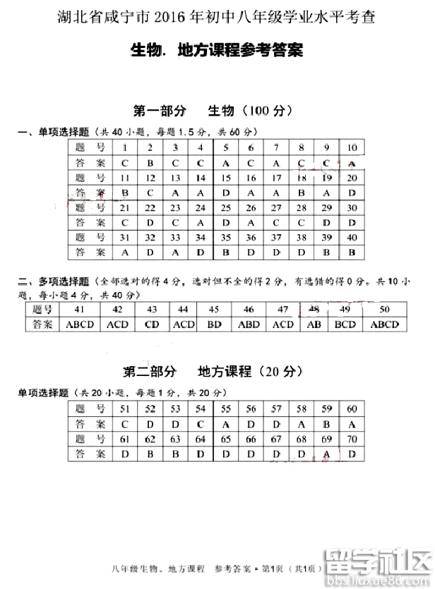 2016咸宁中考生物试题及答案（图片版）