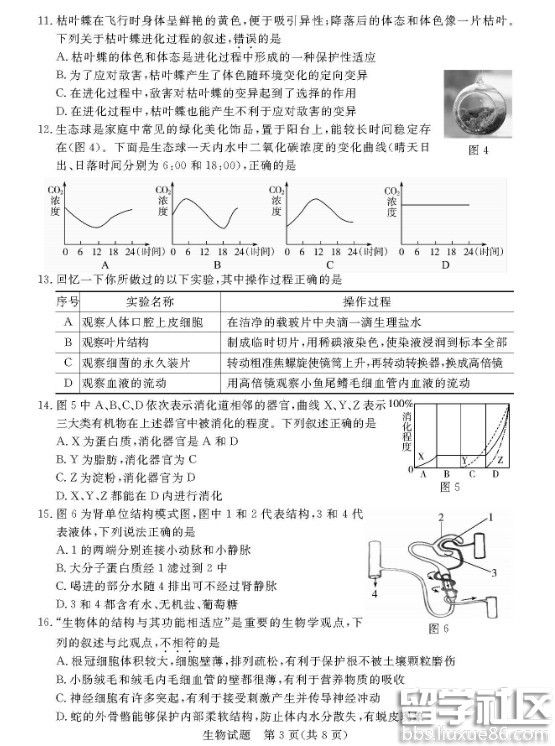 2016东营中考生物试题及答案（图片版）