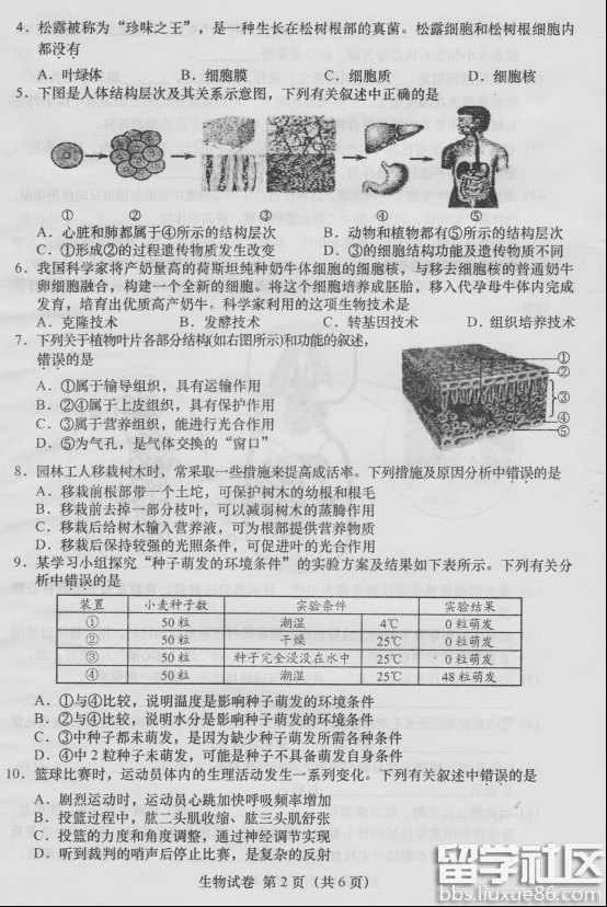 2016桐城中考生物试题及答案（图片版）