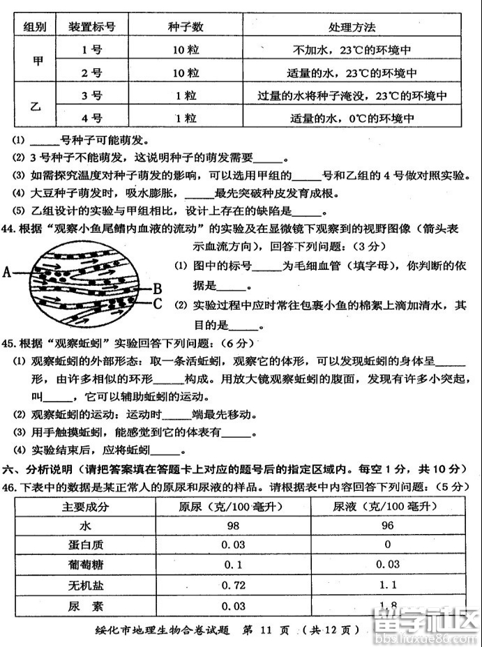 2016绥化中考生物试题及答案（图片版）