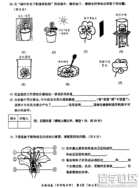 2016齐齐哈尔中考生物试题及答案（图片版）