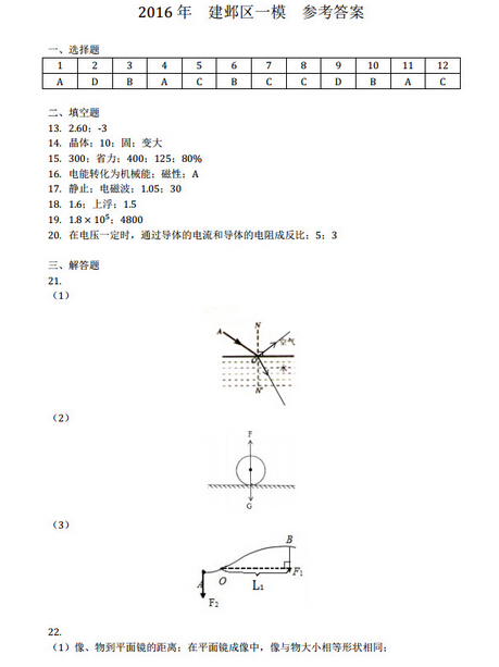 2016江苏南京建邺区中考一模物理答案