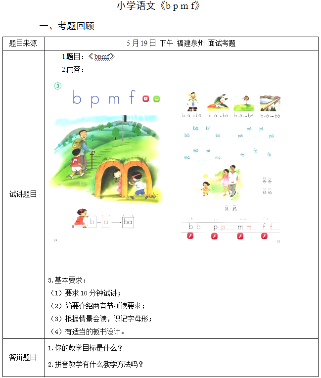 2018上半年小学语文教师资格证面试真题及答案：《b p m f》考题回顾