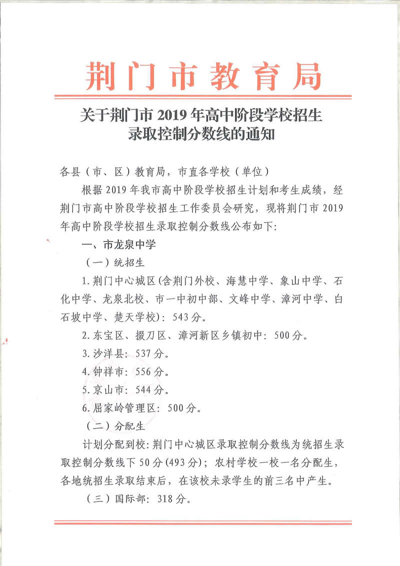 2019年湖北荆门中考各高中录取分数线公布