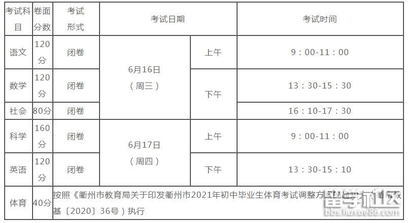 2021浙江衢州中考时间