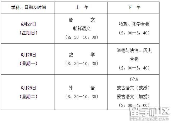 吉林白山2022中考时间及科目